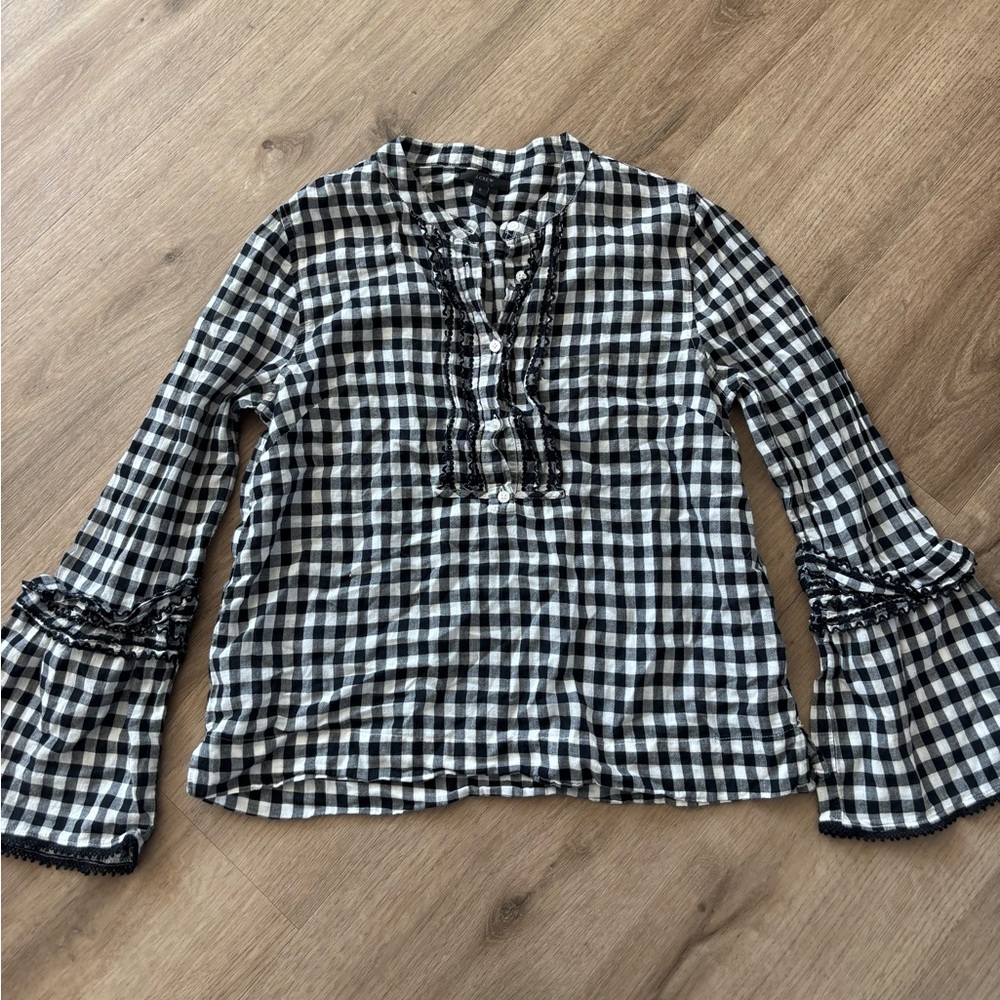 Size 6 JCREW black gingham embroidered detail flared sleeve button front